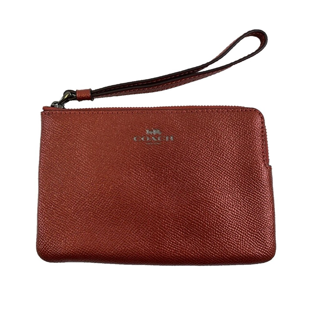 Coach Corner Zip Wallet Wristlet Red Metallic Pebbled Leather Small Pouch F21070